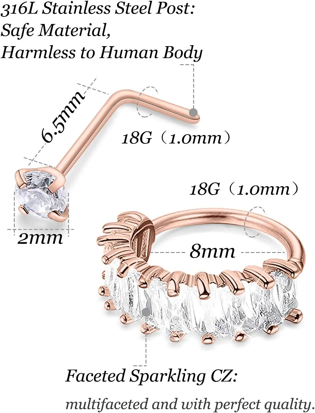 Vsnnsns 18G Nose Rings for Women Surgical Steel Nose Rings Hoops L Shaped Nose Studs Opal Nose Hoop Rings 1.5mm 2mm 2.5mm 3mm Diamond CZ Nose Ring Piercing Jewelry Silver Black Rose Gold 15-20Pcs