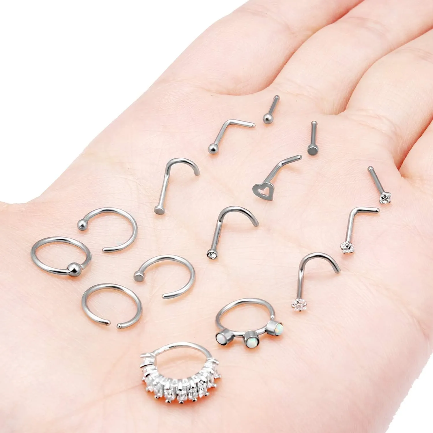 Vsnnsns 18G Nose Rings for Women Surgical Steel Nose Rings Hoops L Shaped Nose Studs Opal Nose Hoop Rings 1.5mm 2mm 2.5mm 3mm Diamond CZ Nose Ring Piercing Jewelry Silver Black Rose Gold 15-20Pcs