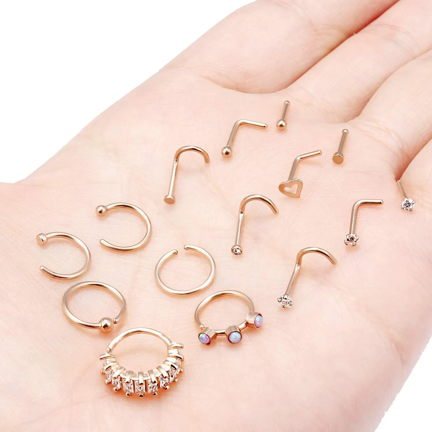 Vsnnsns 18G Nose Rings for Women Surgical Steel Nose Rings Hoops L Shaped Nose Studs Opal Nose Hoop Rings 1.5mm 2mm 2.5mm 3mm Diamond CZ Nose Ring Piercing Jewelry Silver Black Rose Gold 15-20Pcs