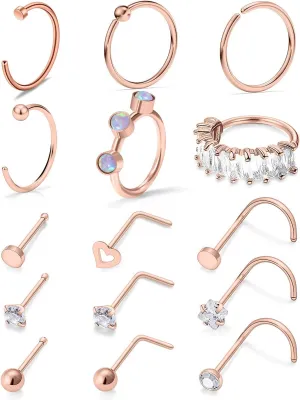 Vsnnsns 18G Nose Rings for Women Surgical Steel Nose Rings Hoops L Shaped Nose Studs Opal Nose Hoop Rings 1.5mm 2mm 2.5mm 3mm Diamond CZ Nose Ring Piercing Jewelry Silver Black Rose Gold 15-20Pcs