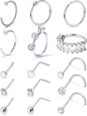 Vsnnsns 18G Nose Rings for Women Surgical Steel Nose Rings Hoops L Shaped Nose Studs Opal Nose Hoop Rings 1.5mm 2mm 2.5mm 3mm Diamond CZ Nose Ring Piercing Jewelry Silver Black Rose Gold 15-20Pcs