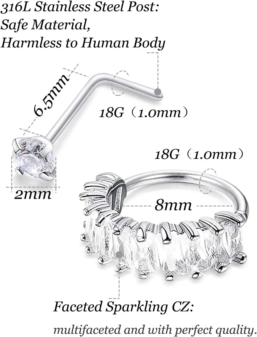 Vsnnsns 18G Nose Rings for Women Surgical Steel Nose Rings Hoops L Shaped Nose Studs Opal Nose Hoop Rings 1.5mm 2mm 2.5mm 3mm Diamond CZ Nose Ring Piercing Jewelry Silver Black Rose Gold 15-20Pcs
