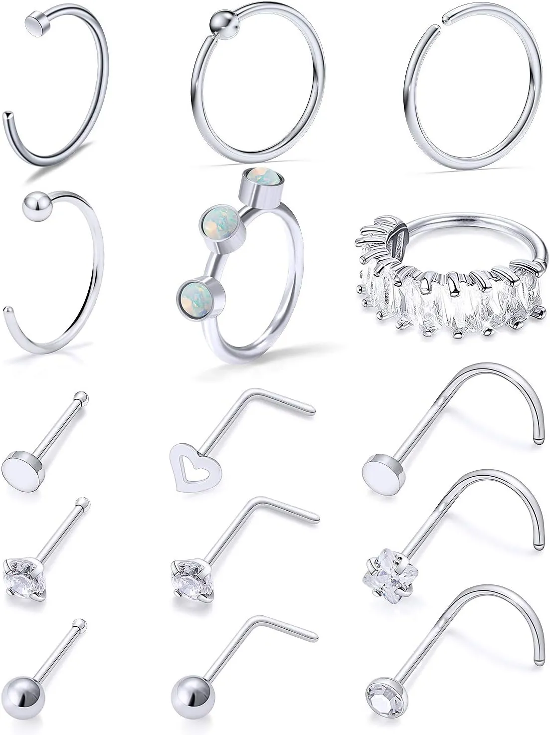 Vsnnsns 18G Nose Rings for Women Surgical Steel Nose Rings Hoops L Shaped Nose Studs Opal Nose Hoop Rings 1.5mm 2mm 2.5mm 3mm Diamond CZ Nose Ring Piercing Jewelry Silver Black Rose Gold 15-20Pcs