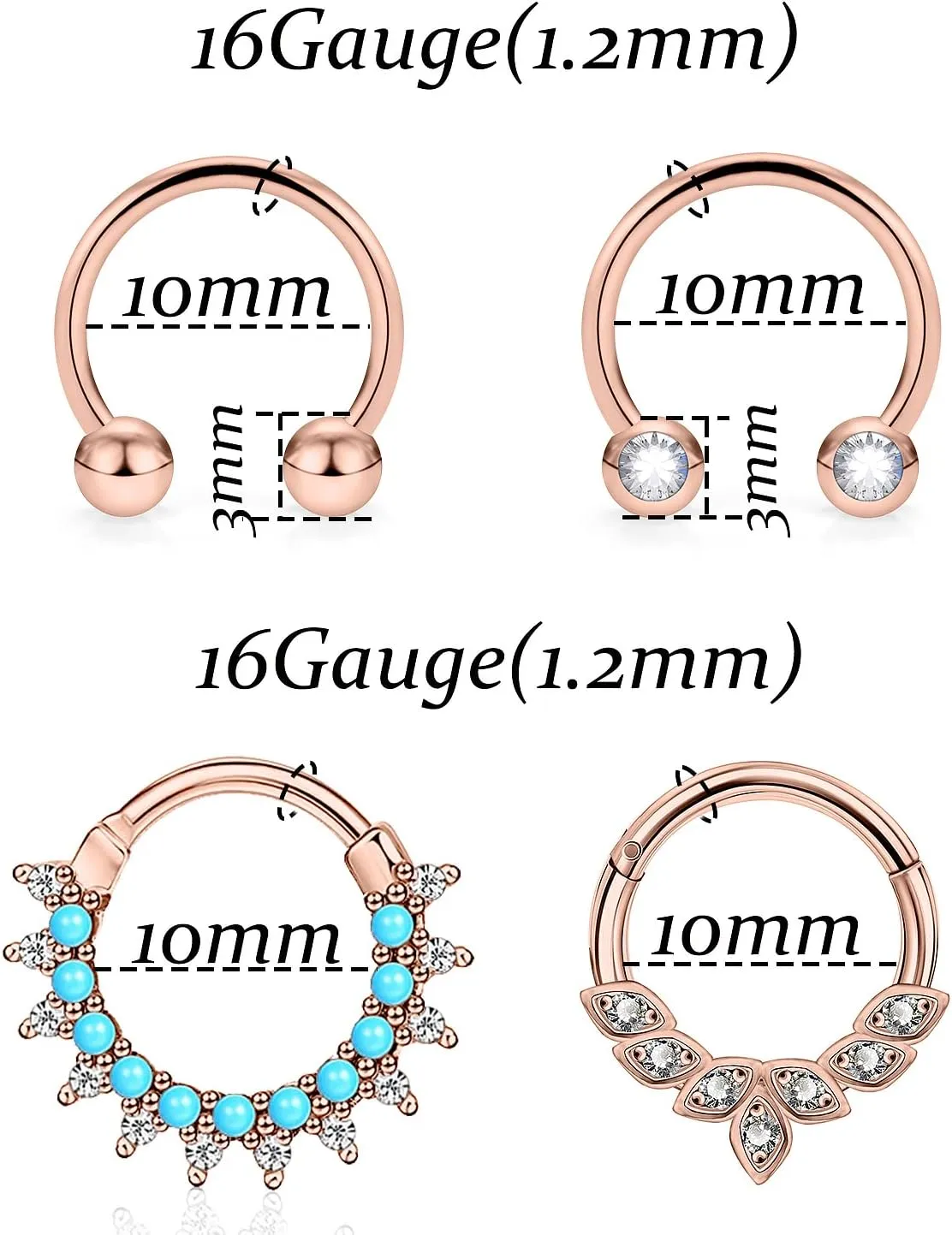 Vsnnsns Septum Ring 16G Stainless Steel Septum Piercing Jewelry Horseshoe Nose Ring Hoop Piercing Jewelry for Women Men 10mm Silver Black Rainbow Rose Gold
