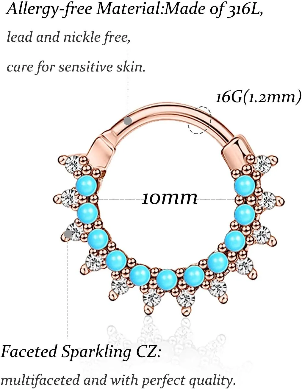 Vsnnsns Septum Ring 16G Stainless Steel Septum Piercing Jewelry Horseshoe Nose Ring Hoop Piercing Jewelry for Women Men 10mm Silver Black Rainbow Rose Gold