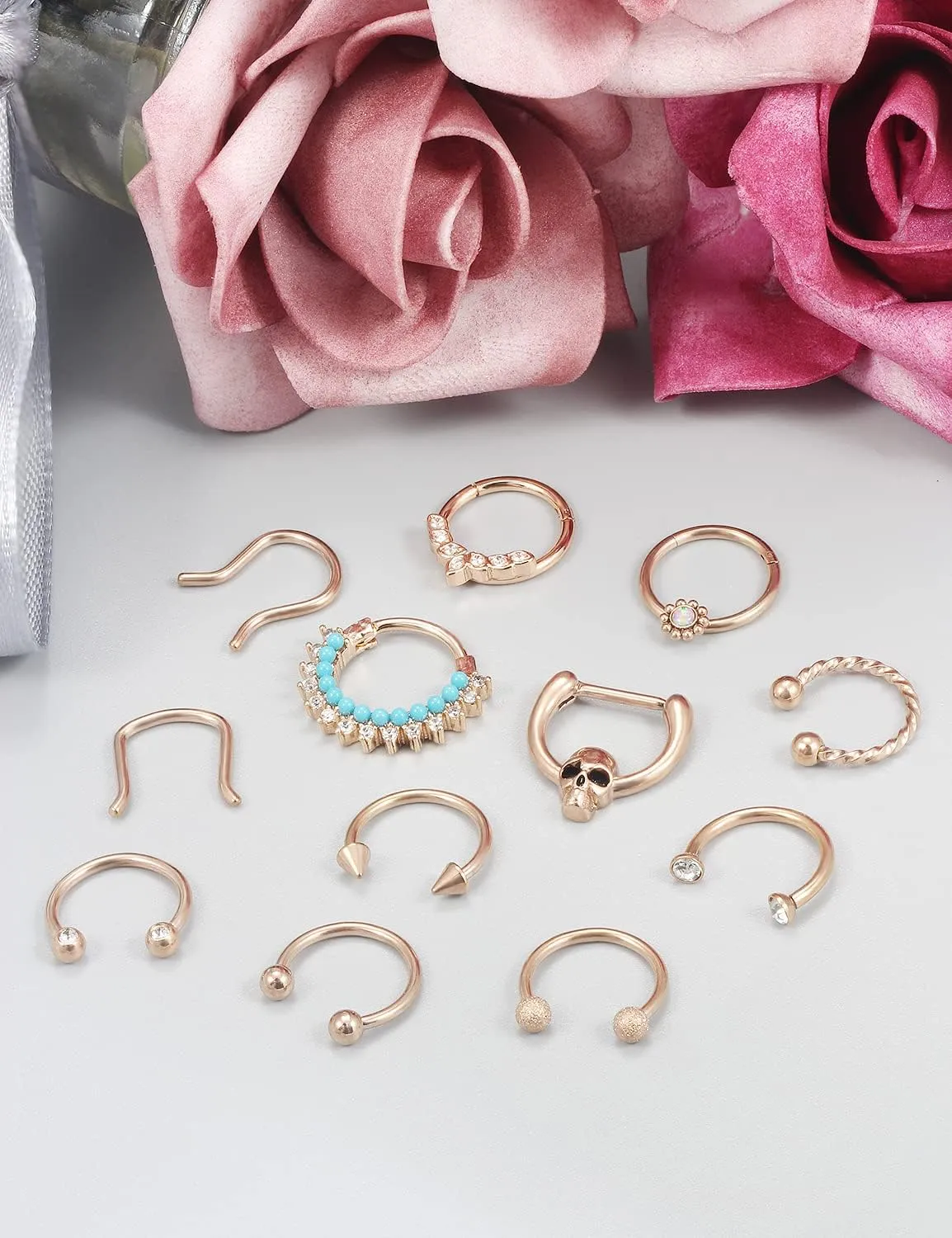 Vsnnsns Septum Ring 16G Stainless Steel Septum Piercing Jewelry Horseshoe Nose Ring Hoop Piercing Jewelry for Women Men 10mm Silver Black Rainbow Rose Gold