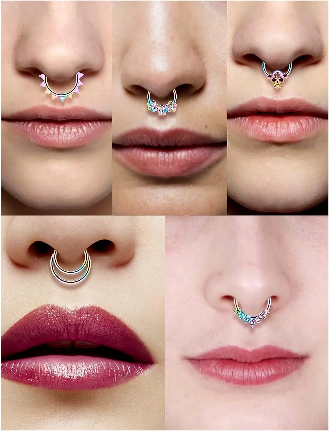 Vsnnsns Septum Ring 16G Stainless Steel Skull Septum Piercing Jewelry Clicker Flower Nose Ring Hoop Piercing Jewelry for Women Men Silver Black Rainbow Rose Gold 10mm