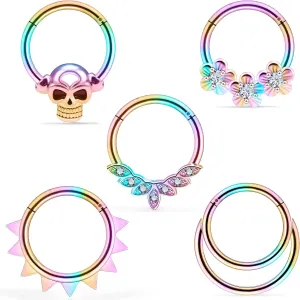 Vsnnsns Septum Ring 16G Stainless Steel Skull Septum Piercing Jewelry Clicker Flower Nose Ring Hoop Piercing Jewelry for Women Men Silver Black Rainbow Rose Gold 10mm