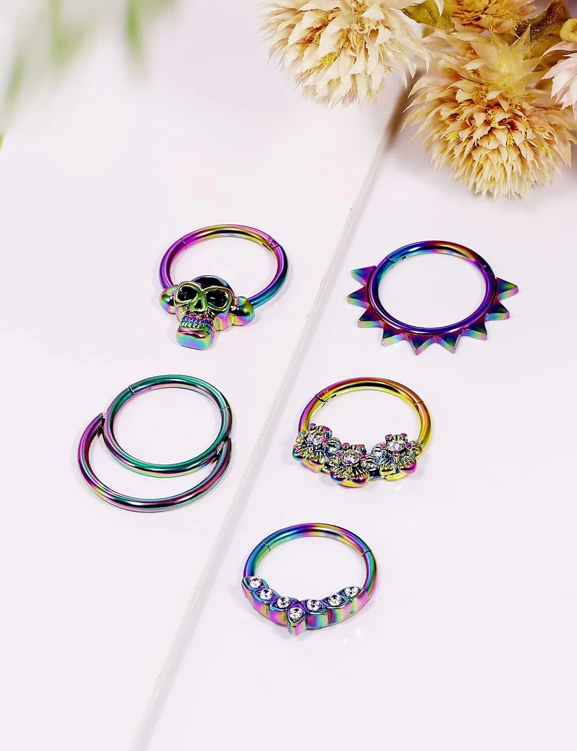 Vsnnsns Septum Ring 16G Stainless Steel Skull Septum Piercing Jewelry Clicker Flower Nose Ring Hoop Piercing Jewelry for Women Men Silver Black Rainbow Rose Gold 10mm