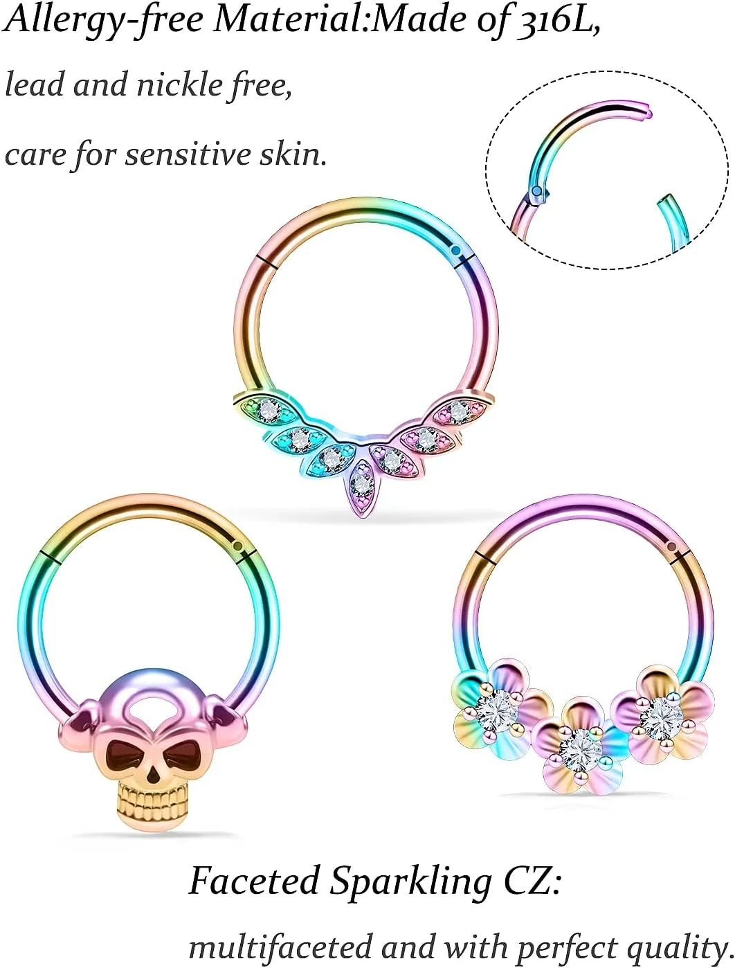 Vsnnsns Septum Ring 16G Stainless Steel Skull Septum Piercing Jewelry Clicker Flower Nose Ring Hoop Piercing Jewelry for Women Men Silver Black Rainbow Rose Gold 10mm