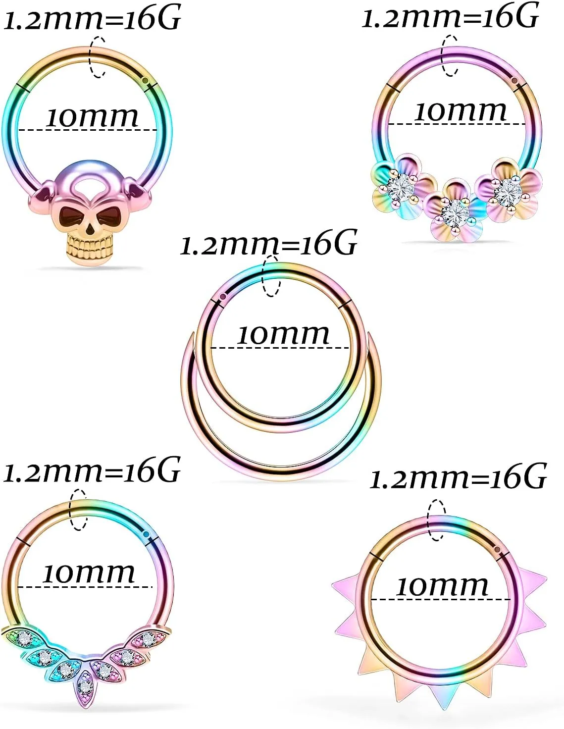 Vsnnsns Septum Ring 16G Stainless Steel Skull Septum Piercing Jewelry Clicker Flower Nose Ring Hoop Piercing Jewelry for Women Men Silver Black Rainbow Rose Gold 10mm