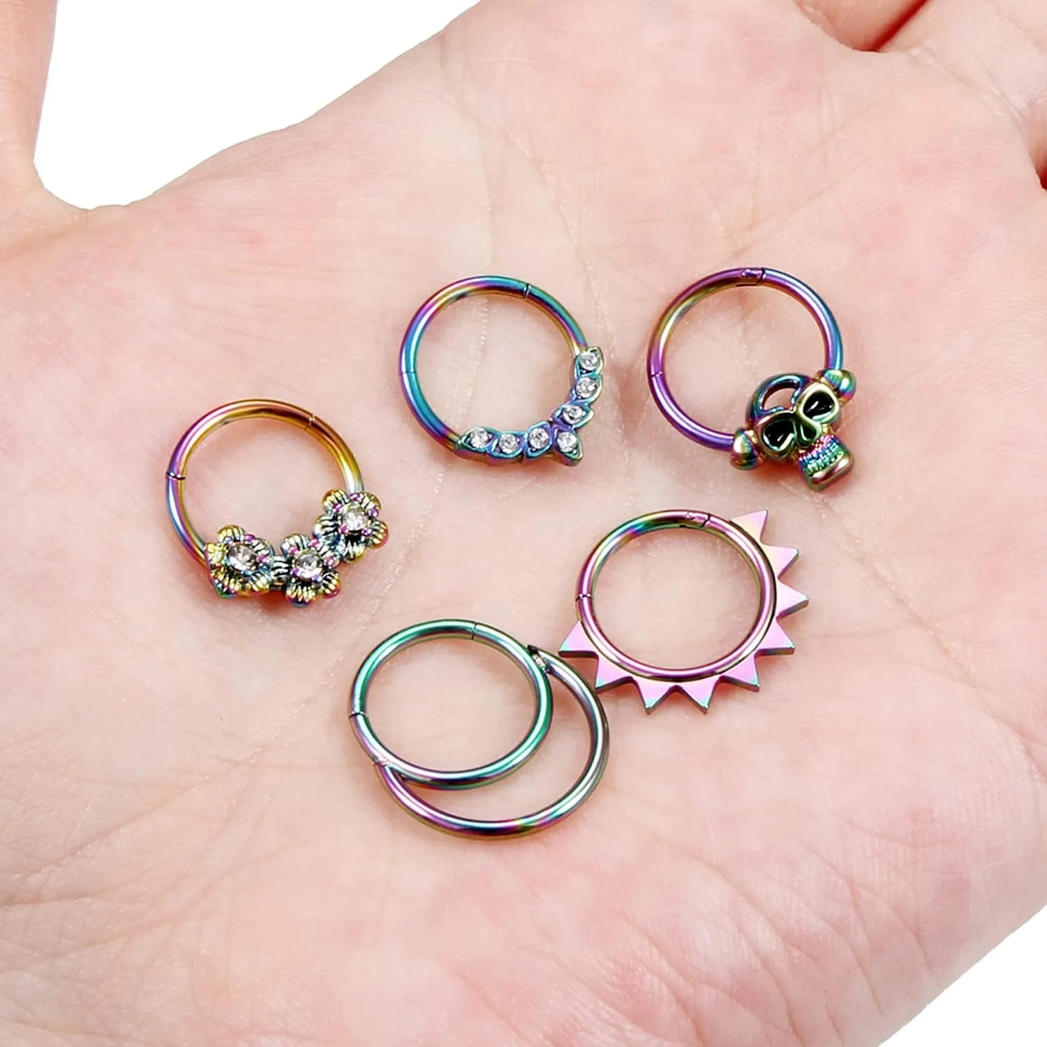 Vsnnsns Septum Ring 16G Stainless Steel Skull Septum Piercing Jewelry Clicker Flower Nose Ring Hoop Piercing Jewelry for Women Men Silver Black Rainbow Rose Gold 10mm