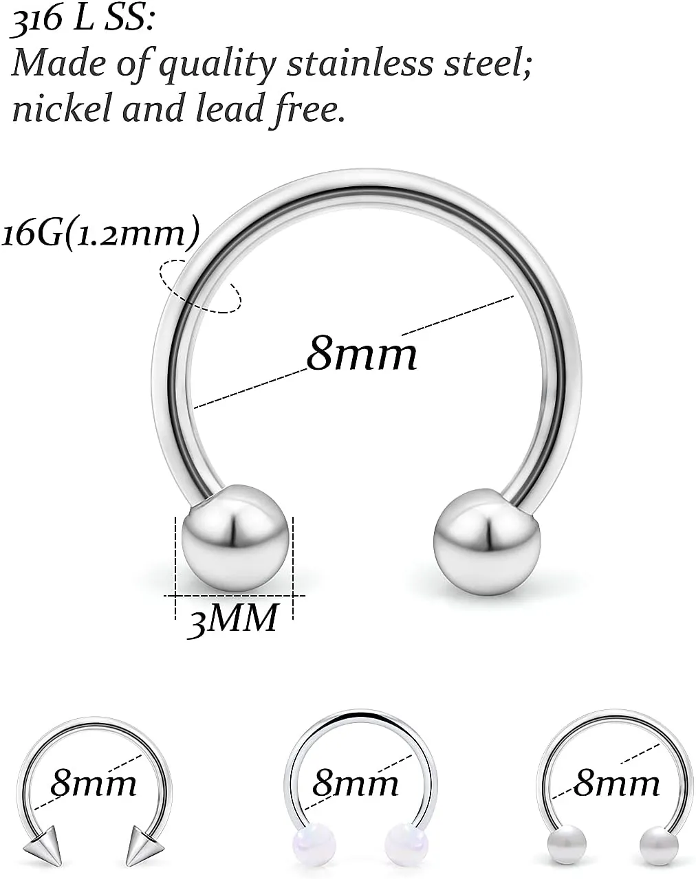 Vsnnsns Septum Ring 16G Stainless Surgical Steel Piercing Jewelry - Horseshoe Nose Ring, Snake Bite Lip Rings, Smiley, Daith, Rook Earrings for Women Men - 8MM 10MM 48pcs