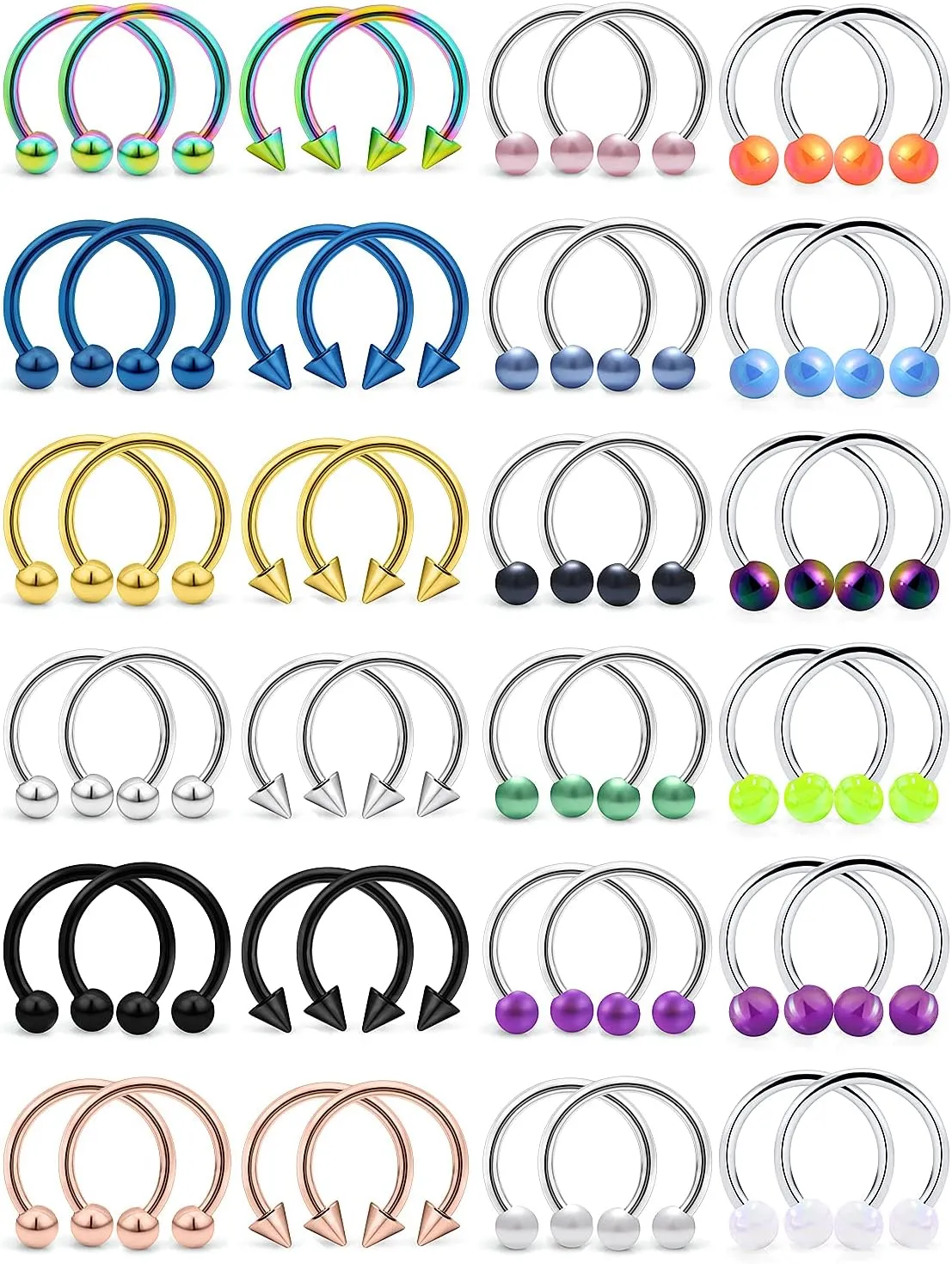 Vsnnsns Septum Ring 16G Stainless Surgical Steel Piercing Jewelry - Horseshoe Nose Ring, Snake Bite Lip Rings, Smiley, Daith, Rook Earrings for Women Men - 8MM 10MM 48pcs