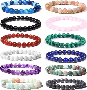 WAINIS 12PCS 8mm Semi-precious Beaded Bracelets for Men Women Stretch Round Bead Crystal Gemstones Bracelets Unisex