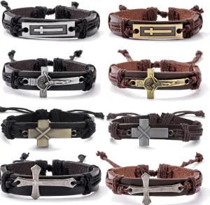 WAINIS 8PCS Braided Leather Cross Bracelets for Men Woven Bracelet Vintage Religious Christian Adjustable Wristband Bracelets Set