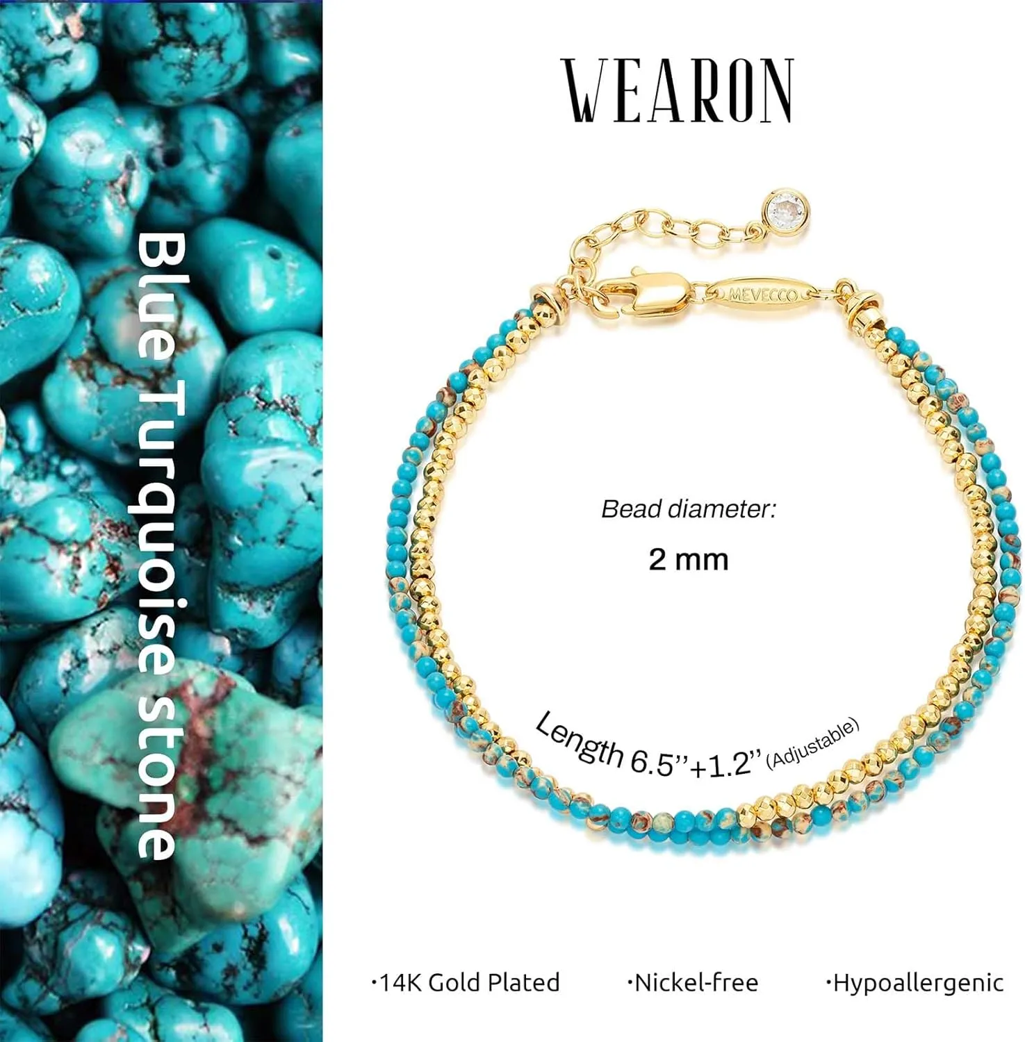 WEARON Gold Beaded Bracelets for Women Dainty Stackable Stone Beaded Mixed Layered Link Chain Adjustable 14K Gold Plated Boho Bracelets for Women
