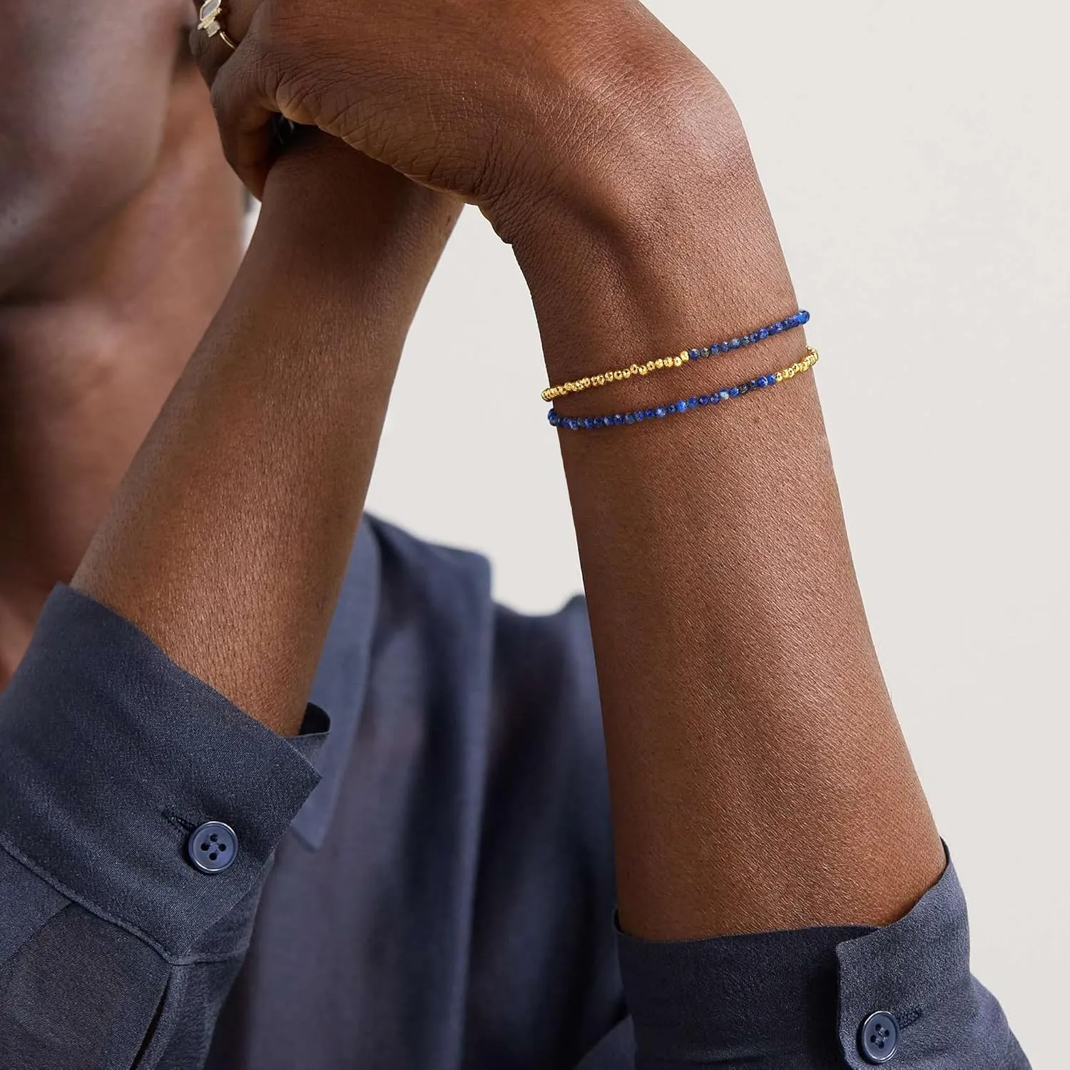 WEARON Gold Beaded Bracelets for Women Dainty Stackable Stone Beaded Mixed Layered Link Chain Adjustable 14K Gold Plated Boho Bracelets for Women