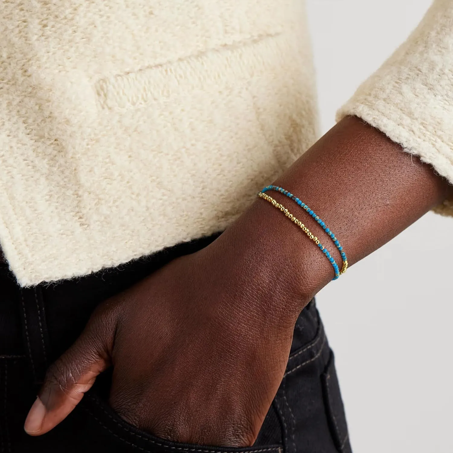 WEARON Gold Beaded Bracelets for Women Dainty Stackable Stone Beaded Mixed Layered Link Chain Adjustable 14K Gold Plated Boho Bracelets for Women
