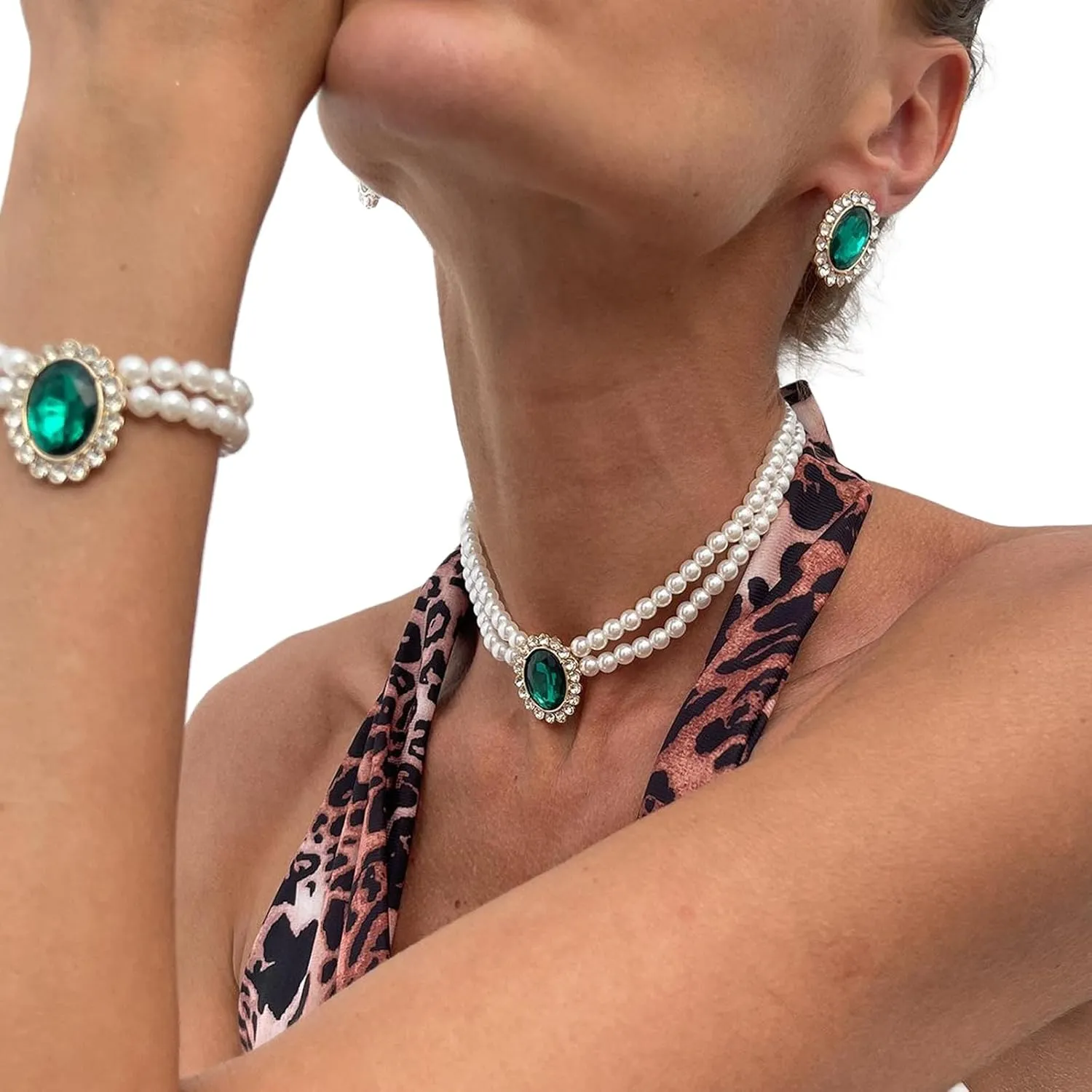 Wedding Bridal Pearl Necklace Earrings Bracelet Sets Multi-layered Pearl Beaded Collar Chain Necklace Crystal Rhinestone Body Chain Jewelry for Women