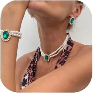 Wedding Bridal Pearl Necklace Earrings Bracelet Sets Multi-layered Pearl Beaded Collar Chain Necklace Crystal Rhinestone Body Chain Jewelry for Women