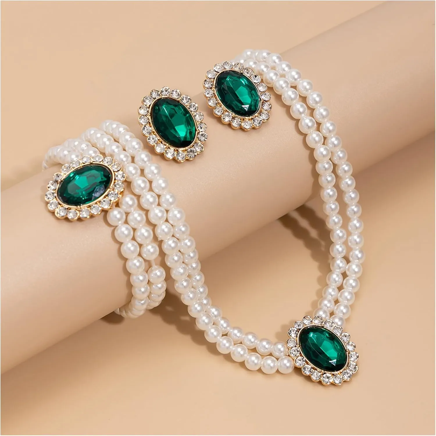 Wedding Bridal Pearl Necklace Earrings Bracelet Sets Multi-layered Pearl Beaded Collar Chain Necklace Crystal Rhinestone Body Chain Jewelry for Women
