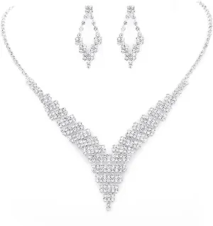 Wedding Rhinestone Necklace Earrings Set Silver Pearl Bride Jewelry Set Bridal Choker Necklace Drop Sparkly Earrings Dangle Women Collection for Party Evening Club Festival