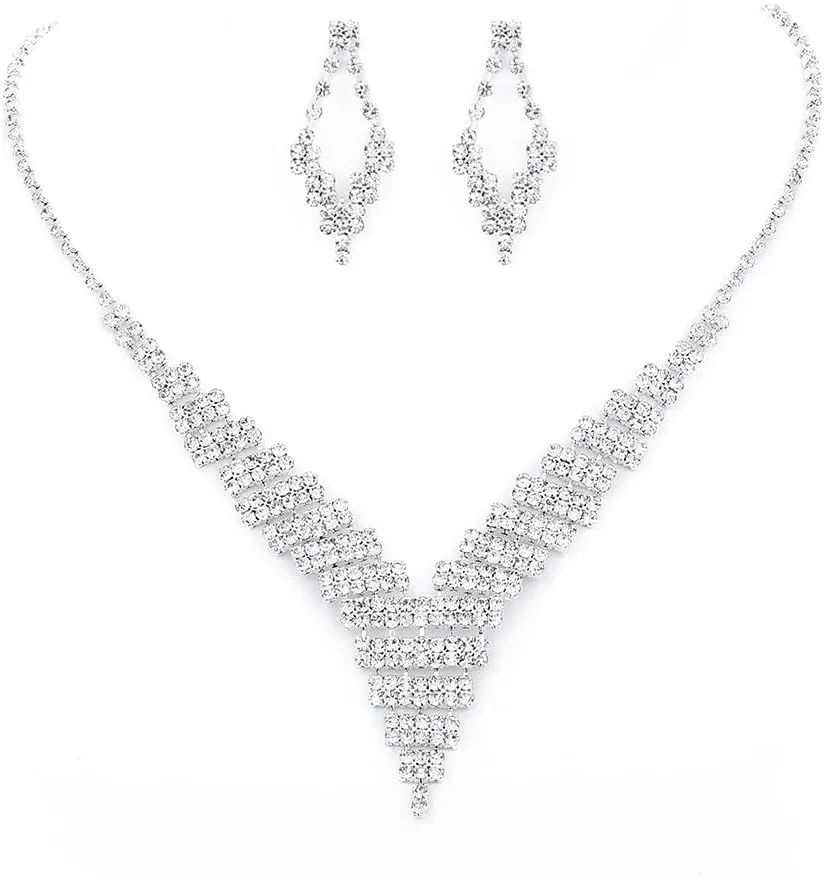 Wedding Rhinestone Necklace Earrings Set Silver Pearl Bride Jewelry Set Bridal Choker Necklace Drop Sparkly Earrings Dangle Women Collection for Party Evening Club Festival