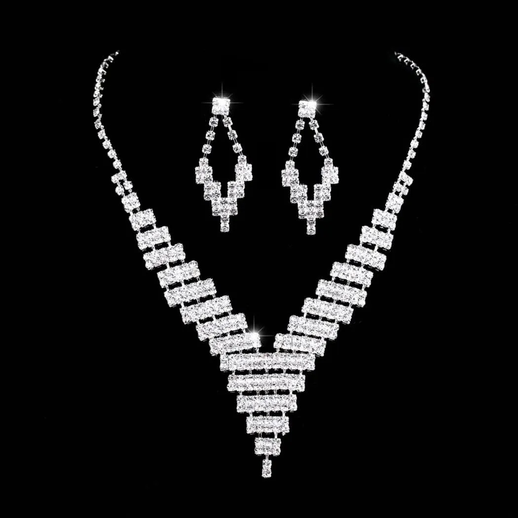 Wedding Rhinestone Necklace Earrings Set Silver Pearl Bride Jewelry Set Bridal Choker Necklace Drop Sparkly Earrings Dangle Women Collection for Party Evening Club Festival