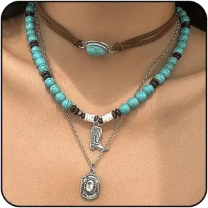Western Necklaces for Women Boho Necklace Beaded Turquoise Necklace Western Jewelry for Women Cowboy Cowgirl Accessories Layered Vintage Leather Necklaces with Cactus Boots Hat Pendant Necklace Bohemian Country Boho Jewelry