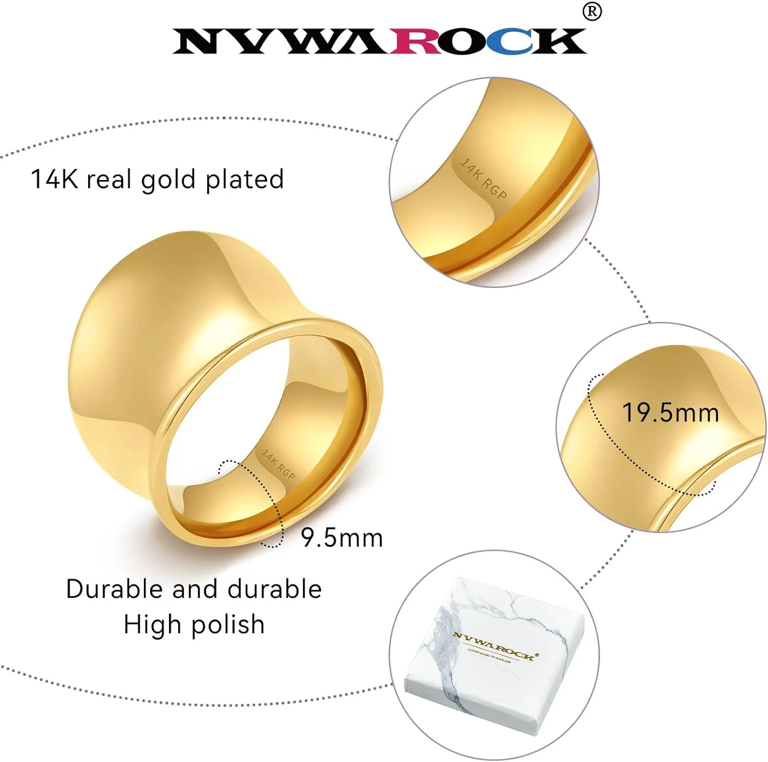 Wide Statement Band Rings for Women and MenHigh 14K Gold Plated Polish Large Thumb Index Full Finger Rinds Size 6-11Gold and Silver