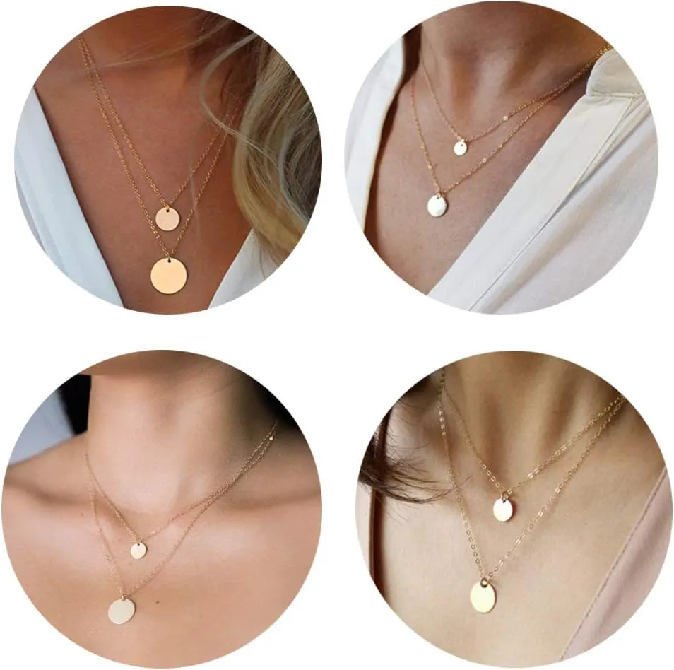 WLL Bohemia Double Gold Layered Chain Necklace Dainty Disc Round Sequin Coin Necklace for Women Simple Choker Jewelry Gift