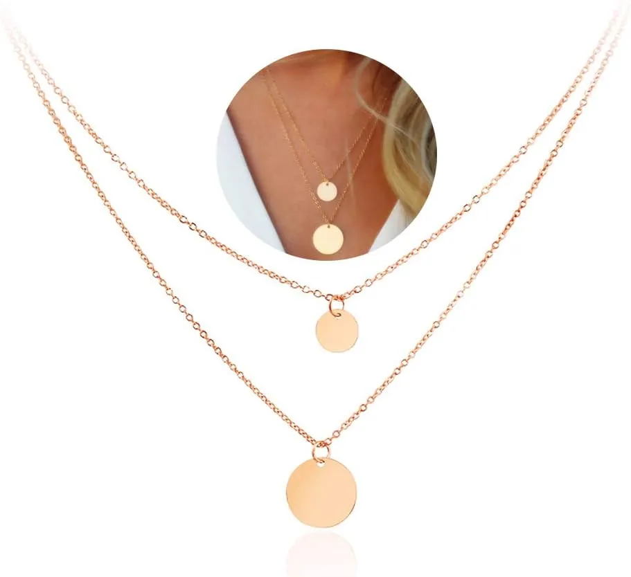 WLL Bohemia Double Gold Layered Chain Necklace Dainty Disc Round Sequin Coin Necklace for Women Simple Choker Jewelry Gift