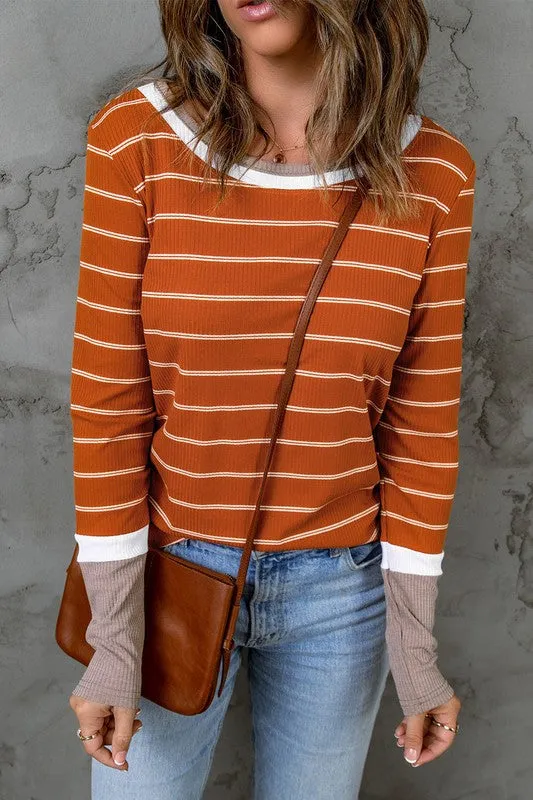 Women Block Cuffs Rib Knit Striped Pullover