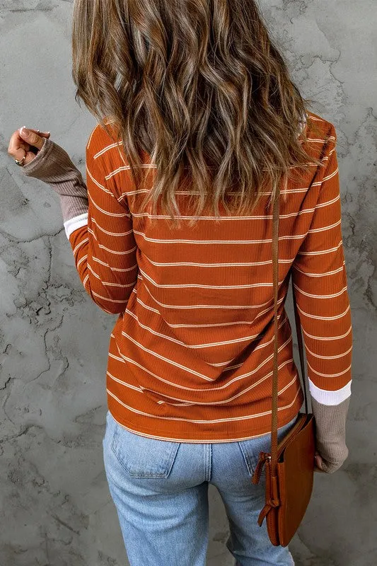 Women Block Cuffs Rib Knit Striped Pullover