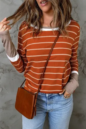 Women Block Cuffs Rib Knit Striped Pullover