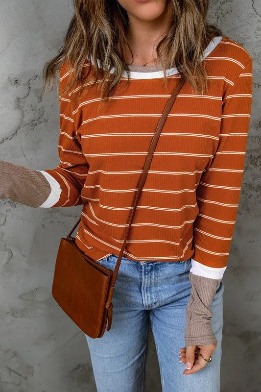Women Block Cuffs Rib Knit Striped Pullover