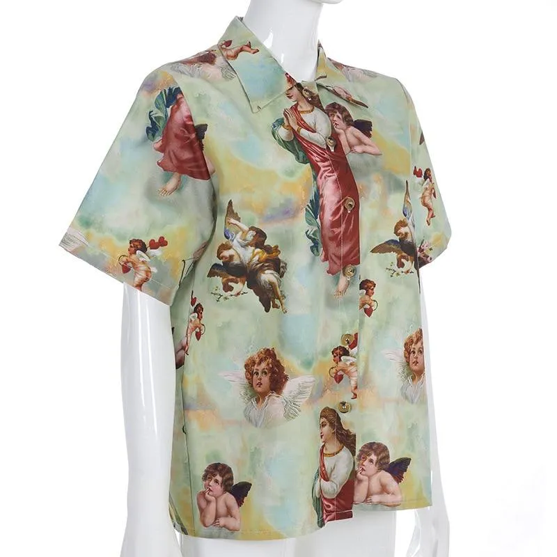 Women's Classic Angel Print Loose Thin Shirt Women Streetwear Roupas Femininas Bluse Women Summer Tops for Women Clothes