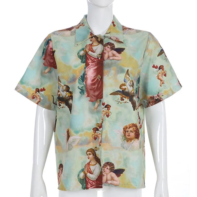 Women's Classic Angel Print Loose Thin Shirt Women Streetwear Roupas Femininas Bluse Women Summer Tops for Women Clothes