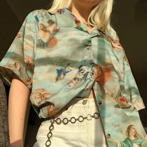 Women's Classic Angel Print Loose Thin Shirt Women Streetwear Roupas Femininas Bluse Women Summer Tops for Women Clothes