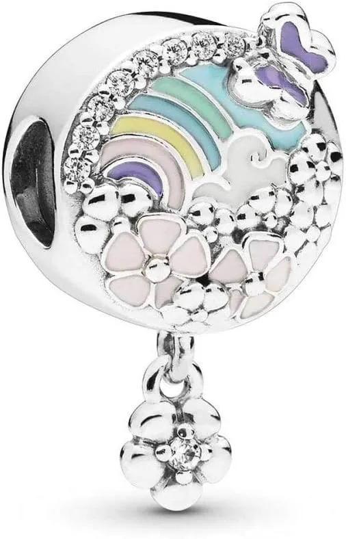 Women's Flowers Butterfly Charm for Bracelets Floral Watering Can Rainbow Sterling Silver Dangle Charm for Girls Sister Birthday Gift, Sterling Silver, No Gemstone