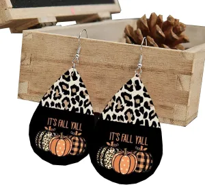 Women's Thanksgiving It's Fall Y'all Pumpkin Leopard PU Earrings, Fall Faux Leather Teardrop Dangle Earrings, for Women Girl Thanksgiving Accessory (1 Pair)