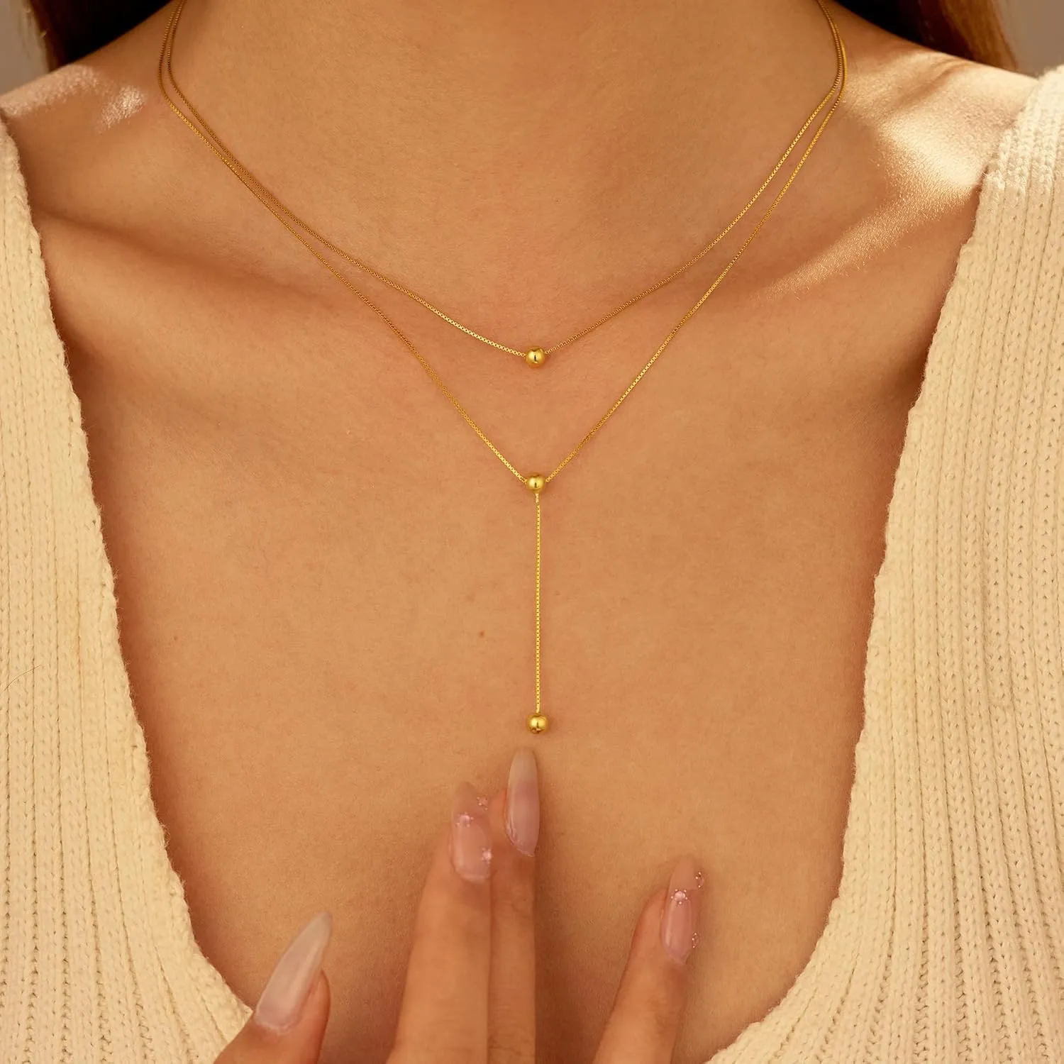 Y Shaped Layer Bead Pendant Necklaces for Women Mom 925 Sterling Silver Dainty Long Chain Necklace 14K Gold Plated Round Balls Multilayer Adjustable Trendy Drop Choker Graduation Gift Jewelry for Her