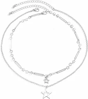 Y2k Star Necklace Star Grunge Punk Aesthetic Layered Necklace Boho Choker Necklaces Statement Silver Necklace Chain Jewelry for Women Christmas New Year Jewelry Gift