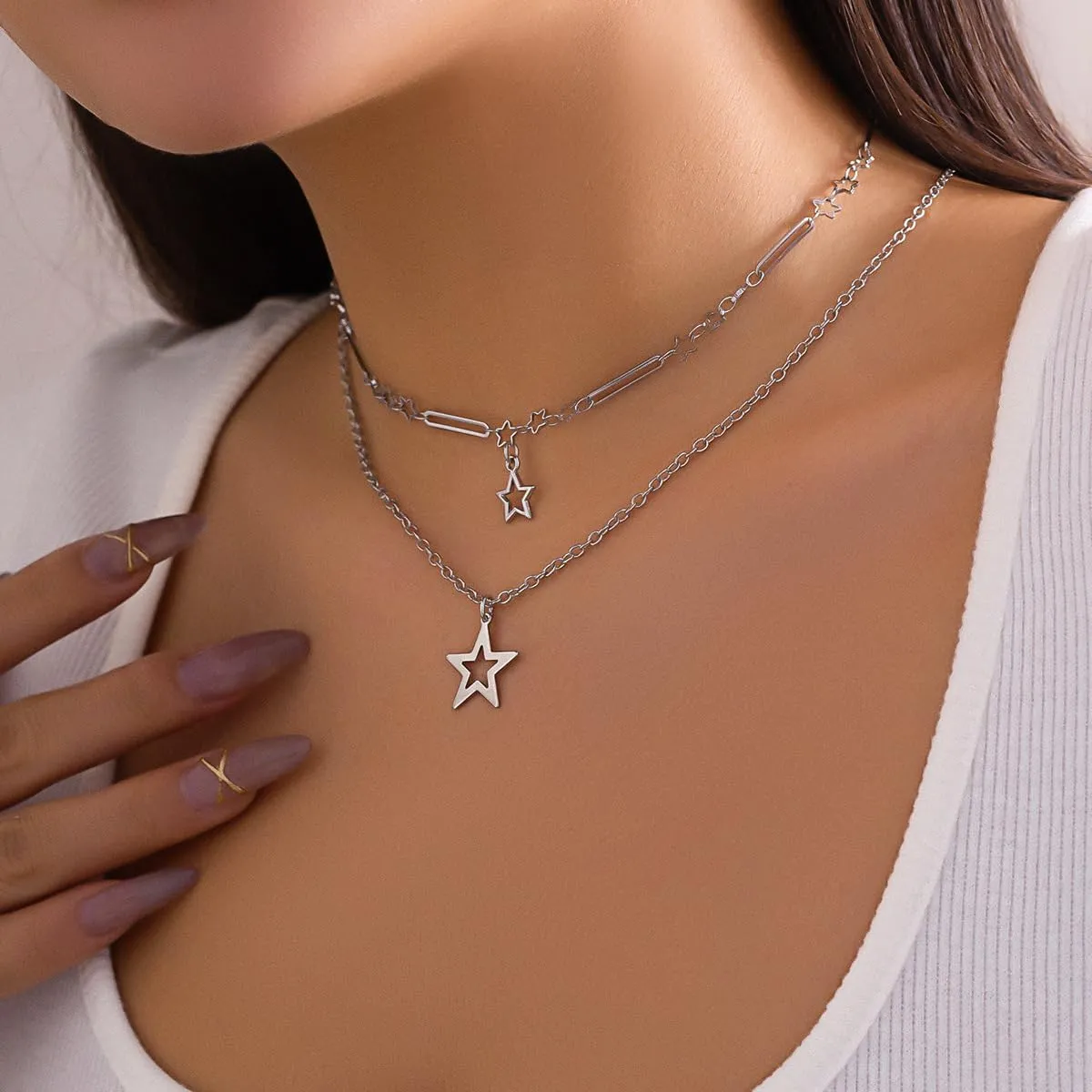 Y2k Star Necklace Star Grunge Punk Aesthetic Layered Necklace Boho Choker Necklaces Statement Silver Necklace Chain Jewelry for Women Christmas New Year Jewelry Gift