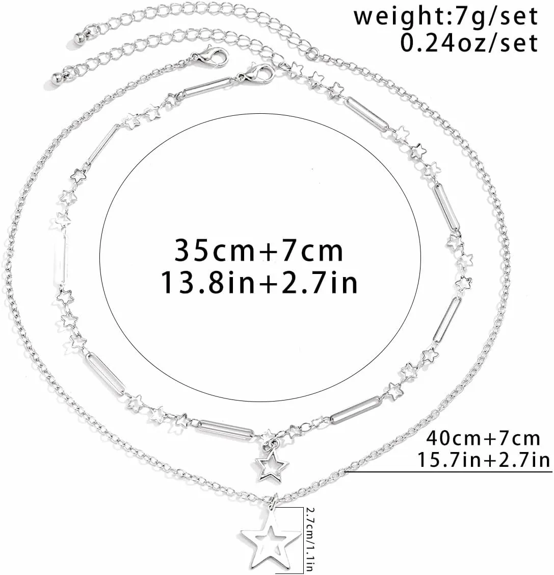 Y2k Star Necklace Star Grunge Punk Aesthetic Layered Necklace Boho Choker Necklaces Statement Silver Necklace Chain Jewelry for Women Christmas New Year Jewelry Gift