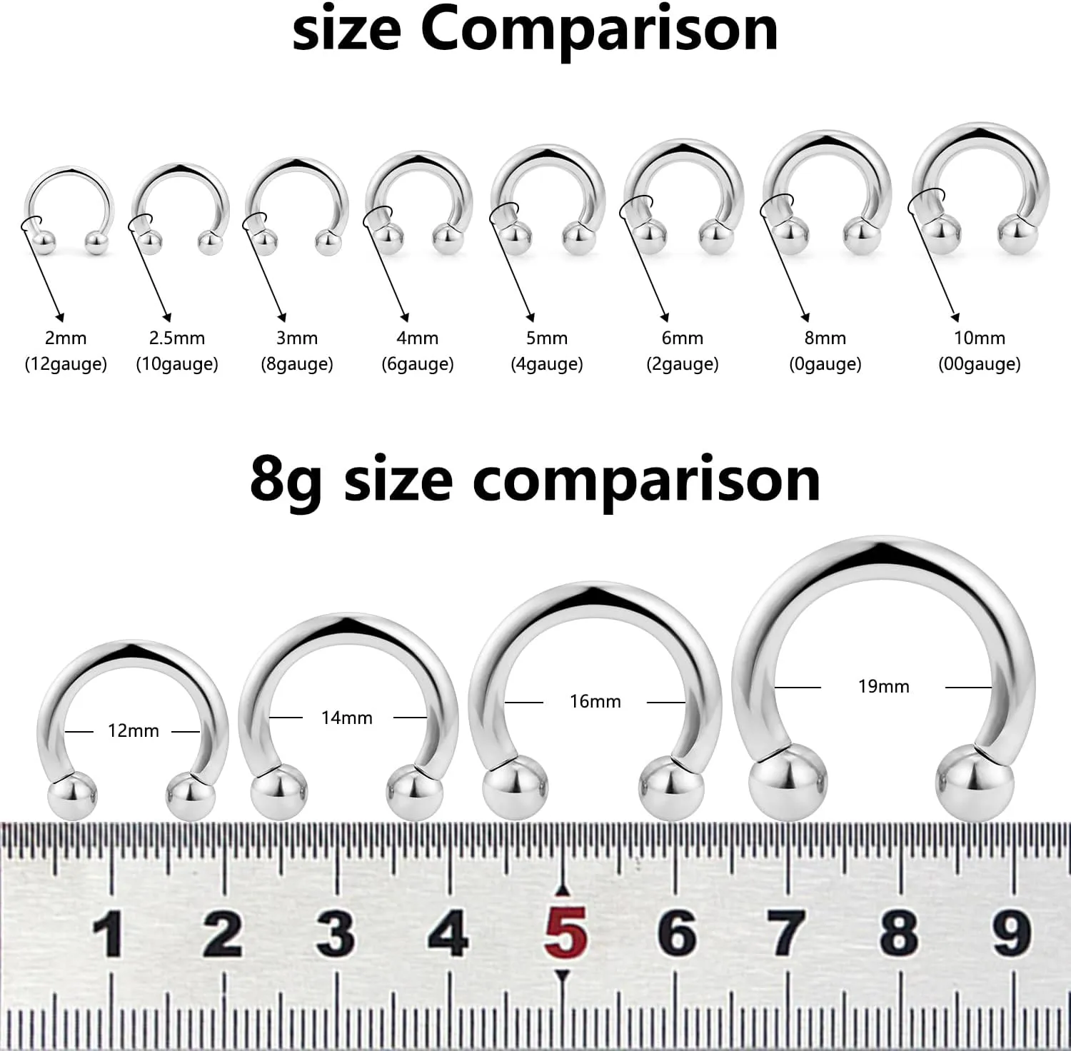 Yaalozei 12G 10G 8G 6G 4G 2G 0G 00G Large Septum Rings 316L Surgical Steel Internally Threaded Barbell Horseshoe Wide Septum Nose Gauges Earring Pa Ring Piercing Jewelry 12mm-19mm
