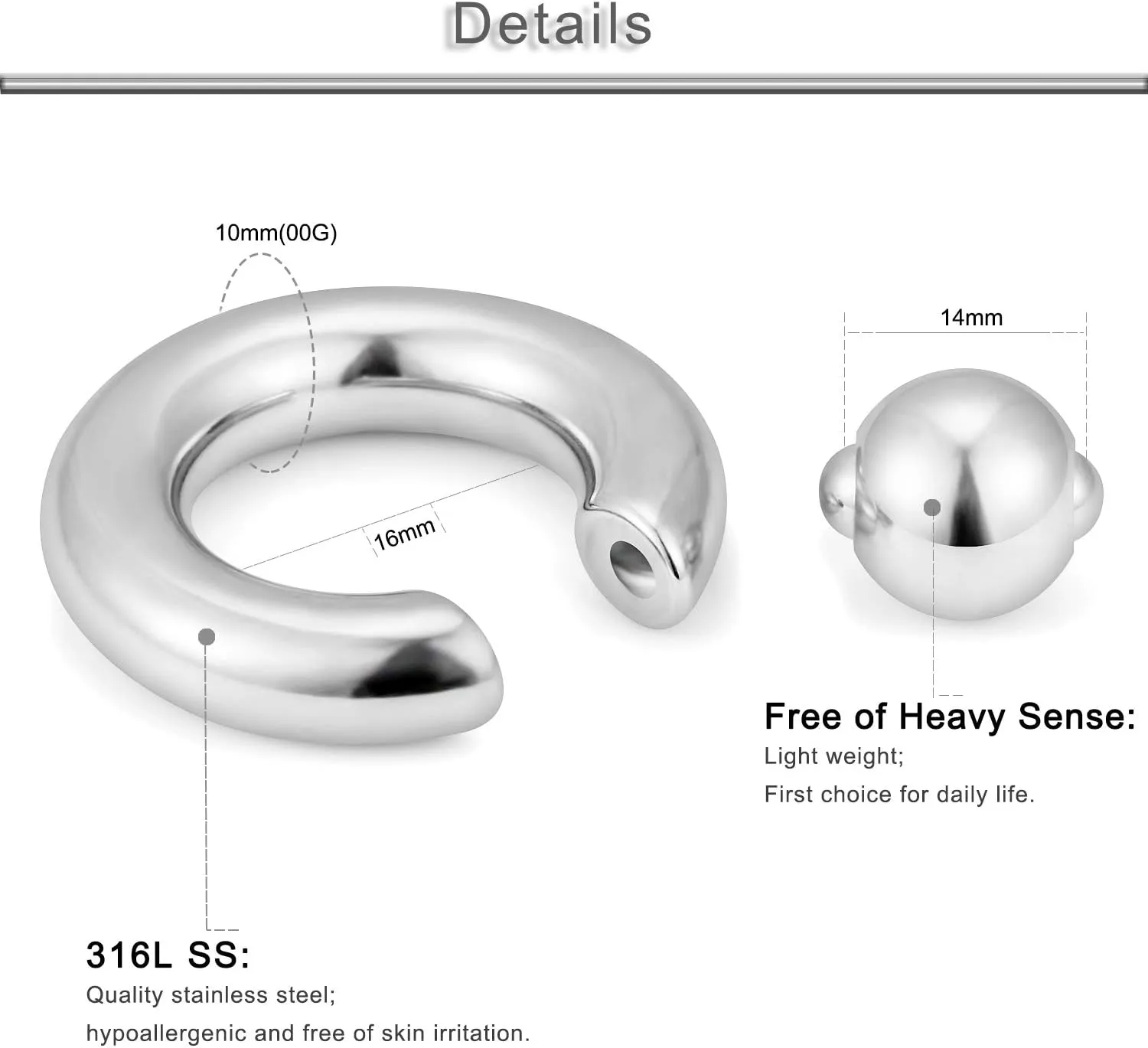 Yaalozei 12G 10G 8G 6G 4G 2G 0G 00G Large Septum Rings Gauges Earrings Hoops 316L Surgical Steel Spring Action Captive Bead PA Ring CBR Septum Nose Rings Piercing Jewelry for Women Men