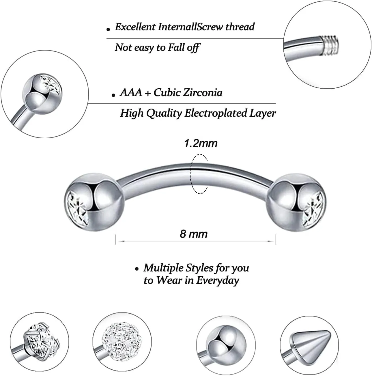 YACHY 18Pcs 16G Eyebrow Piercing Jewelry for Women Men, Rings Rook Earrings Curved Barbells Cartilage Daith Helix Tragus Body Piercings Belly Lip Ring