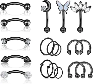YACHY 18Pcs 16G Eyebrow Piercing Jewelry for Women Men, Rings Rook Earrings Curved Barbells Cartilage Daith Helix Tragus Body Piercings Belly Lip Ring